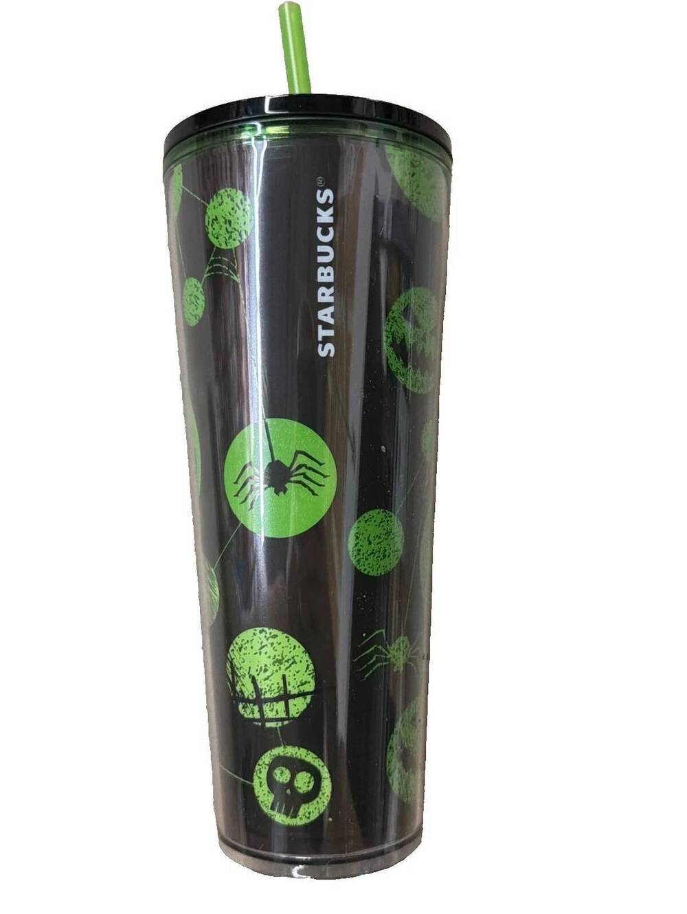 Starbucks Halloween Spider Skull Tumbler Black Green Cold Cup Straw 24oz new